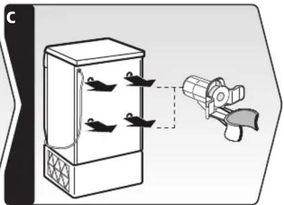 Diagramm, das einen Kühlschrank mit Booten und einem mechanischen Gerät zeigt, verbunden durch gestrichelte Linien (kein Text oder Symbole)