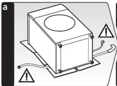 Diagramm eines rechteckigen elektronischen Geräts mit beschrifteten Warnsymbolen (kein lesbarer Text oder Beschriftungen)