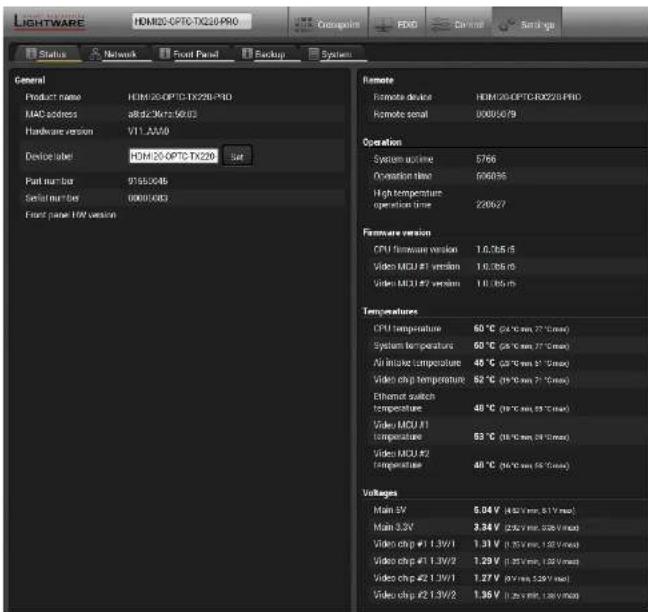 Lightware HDMI20-OPTC-TX220-FOX - Status Tab - 1