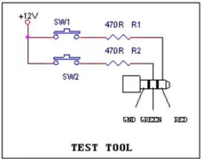 +12V S10/1 470R R1 470R R2 S10/2 OUT GREEN RED TEST TOOL
