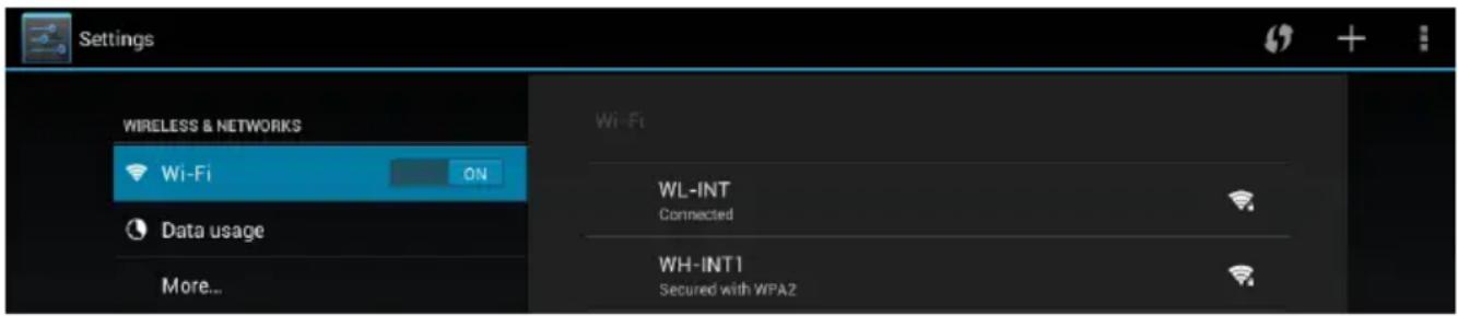 Settings WIRELESS & NETWORKS Wi-Fi ON Data usage More... Wi-Fi WL-INT Connected WH-INT1 Secured with WPA2