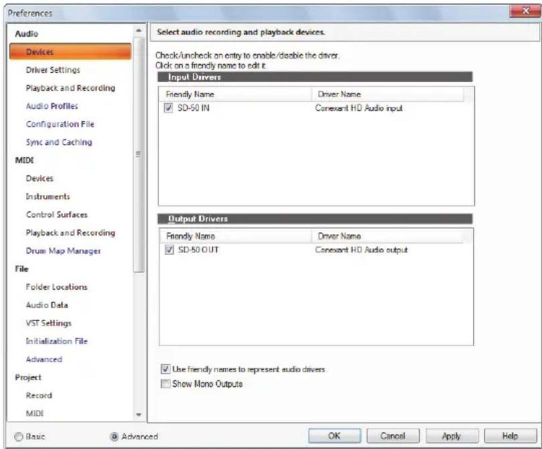 Preferences Audio Devices Driver Settings Playback and Recording Audio Profiles Configuration File Sync and Caching MIDI Devices Instruments Control Surfaces Playback and Recording Drum Map Manager File Folder Locations Audio Data VST Settings Initialization File Advanced Project Record MIDI Select audio recording and playback devices. Check/uncheck an entry to enable/disable the driver. Click on a friendly name to edit it. Input Drivers Friendly Name Driver Name ✓ SD-50 IN Conexant HD Audio input Output Drivers Friendly Name Driver Name ✓ SD-50 OUT Conexant HD Audio output ✓ Use friendly names to represent audio drivers. □ Show Mono Outputs Basic Advanced OK Cancel Apply Help