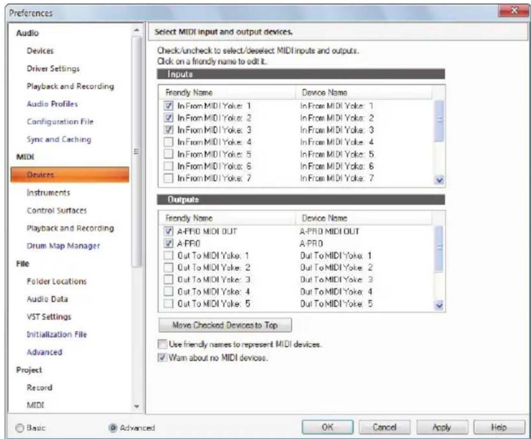 Preferences Audio Devices Driver Settings Playback and Recording Audio Profiles Configuration File Sync and Caching MIDI Devices Instruments Control Surfaces Playback and Recording Drum Map Manager File Folder Locations Audio Data VST Settings Initialization File Advanced Project Record MIDI Select MIDI input and output devices. Check/uncheck to select/deselect MIDI inputs and outputs. Click on a friendly name to edit it. Inputs Friendly Name Device Name ✓ In From MIDI Yoke: 1 In From MIDI Yoke: 7 ✓ In From MIDI Yoke: 2 In From MIDI Yoke: 2 ✓ In From MIDI Yoke: 3 In From MIDI Yoke: 3 ☐ In From MIDI Yoke: 4 In From MIDI Yoke: 4 ☐ In From MIDI Yoke: 5 In From MIDI Yoke: 5 ☐ In From MIDI Yoke: 6 In From MIDI Yoke: 6 ☐ In From MIDI Yoke: 7 In From MIDI Yoke: 7 Outputs Friendly Name Device Name ✓ A-PRO MIDI OUT A-PRO MIDI OUT ✓ A-PRO A-PRO ☐ Out To MIDI Yoke: 1 Dut To MIDI Yoke: 1 ☐ Out To MIDI Yoke: 2 Dut To MIDI Yoke: 2 ☐ Out To MIDI Yoke: 3 Dut To MIDI Yoke: 3 ☐ Out To MIDI Yoke: 4 Dut To MIDI Yoke: 4 ☐ Out To MIDI Yoke: 5 Dut To MIDI Yoke: 5 Move Checked Devices to Top ☐ Use friendly names to represent MIDI devices. ✓ Warn about no MIDI devices. Basic Advanced OK Cancel Apply Help