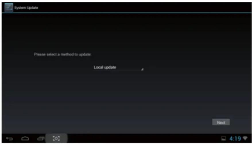System Update Please select a method to update: Local update Next