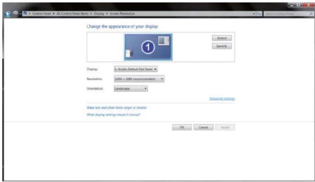 Control Panel > All Control Panel Items > Display > Screen Resolution Change the appearance of your display Detect Identify Display: 1. Nvidia Default Flat Panel Resolutions: 1020 = 1080 (recommended) Orientation: Landscape Advanced settings Make text and other items larger or smaller What display settings should I choose? OK Cancel Apply