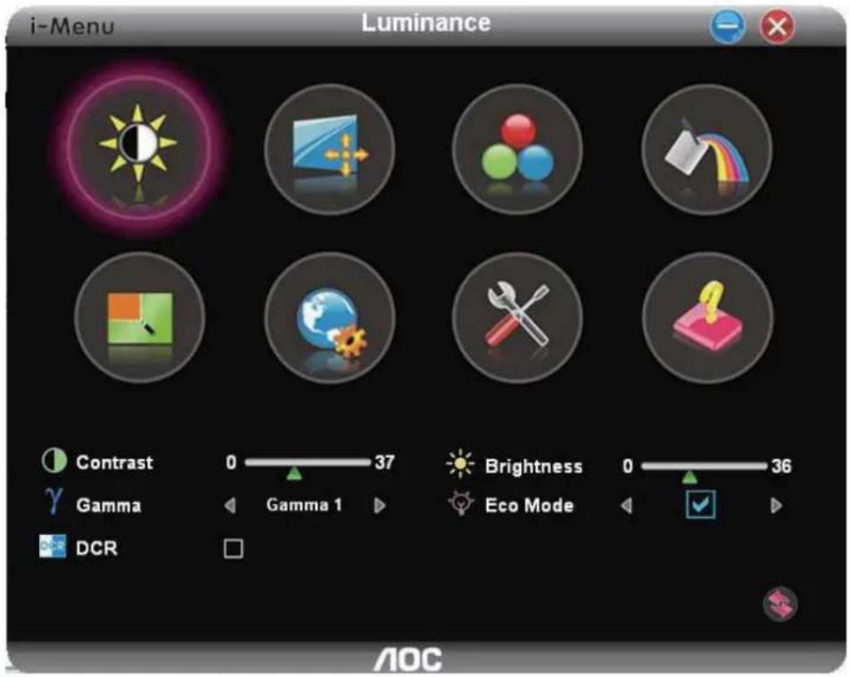 i-Menu Luminance Contrast 0 37 Brightness 0 36 Gamma Gamma 1 Eco Mode DCR