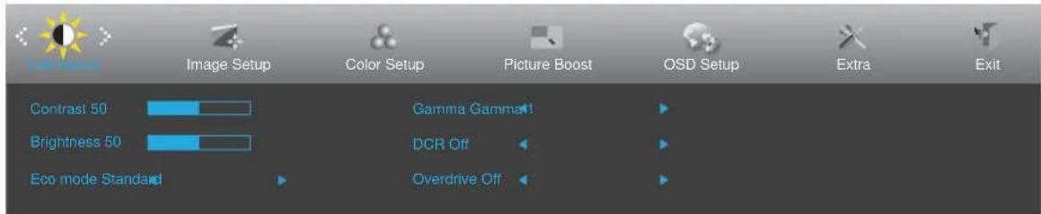 Image Setup Color Setup Picture Boost OSD Setup Extra Exit Contrast 50 Brightness 50 Eco mode Standard Gamma Gamma1 DCR Off Overdrive Off