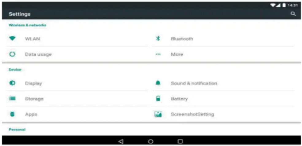 Settings Wireless & networks WLAN Bluetooth Data usage More Device Display Sound & notification Storage Battery Apps ScreenshotSetting Personal