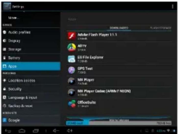 Settings More... SERVICE Audio profiles Display Storage Battery Apos HKEYCORI Location access Security Language & input Backup & reset Adder sites Google ADDLE DOWNLOAD FLASHSTOCKS Adobe Flash Player 11.1 2.0KB-8 ABTV SPXK ES File Explorer 7.2KB-8 GPS Test 7.0KB MX Player 7.6KB-8 MX Player Cadec (AFIMx7 NEON) 4.7KB-8 OfficeSuite 3.7 KB-8 Power Libraries 700MB bus