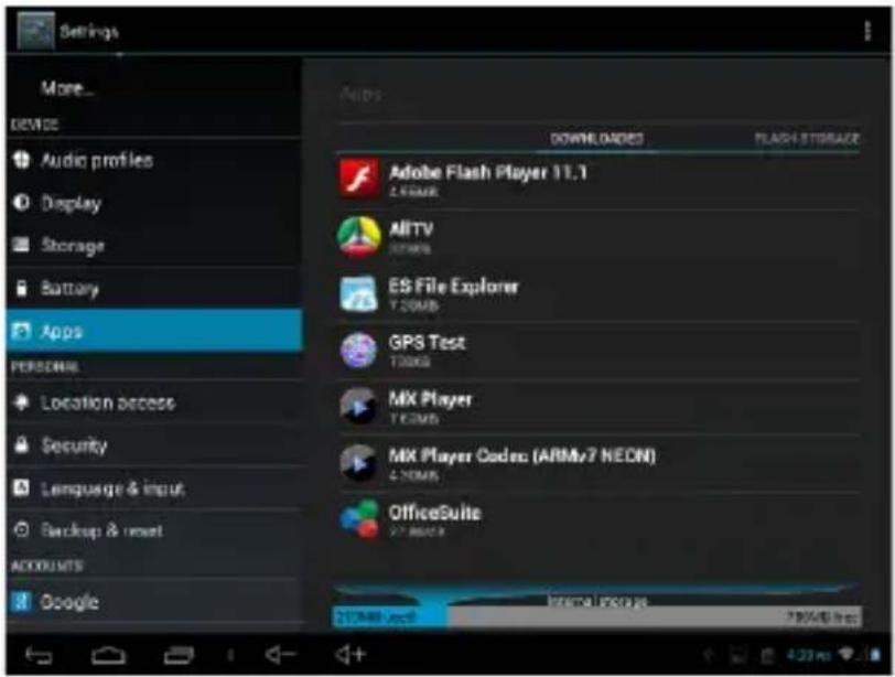 Settings More... DEVICE Audio profiles Display Storage Battery Apps PERSONAL Location access Security Language & input Backup & reset ACCOUNTS Google Apps DOWNLOADS FLASH STORAGE Adobe Flash Player 11.1 2.4MHz AITV 800MB ES File Explorer 700MB GPS Test 700MB MX Player 700MB MX Player Codes (ARMv7 NEDN) 700MB OfficeSuite 5.7 MHz 21/240 Apps Internal Language: 700% Bits