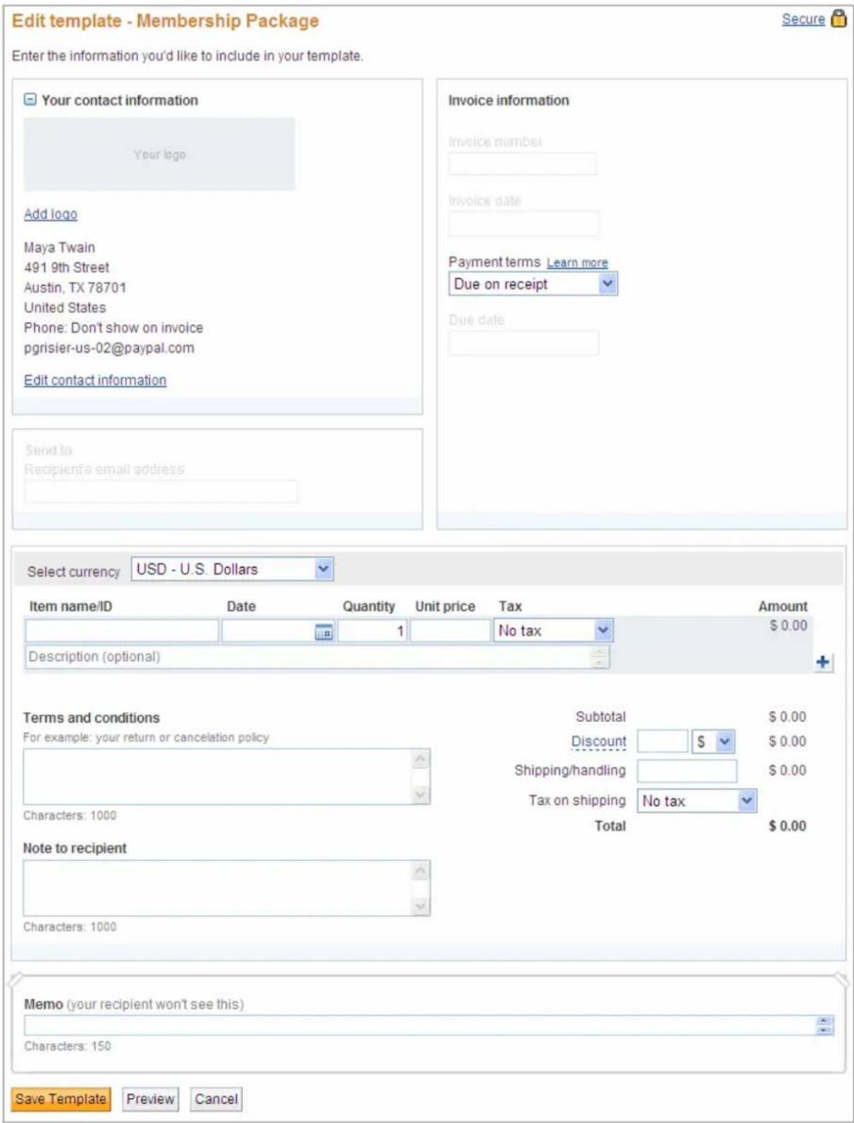 PayPal Invoicing (2010) - Editing a Template - 1