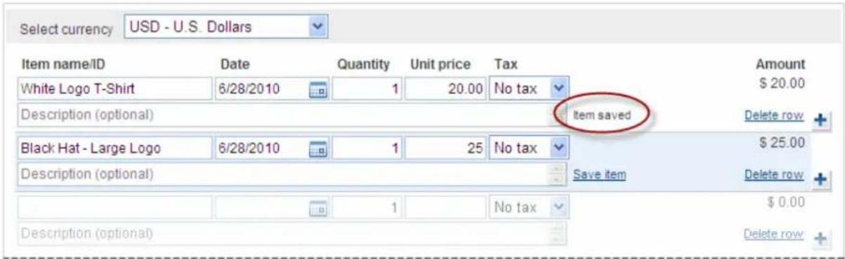 PayPal Invoicing (2010) - Click Save Item next to the item to store. - 1