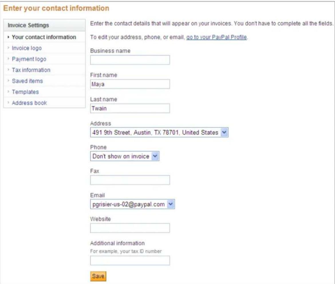 PayPal Invoicing (2010) - Editing Your Contact Information in Invoice Settings - 1