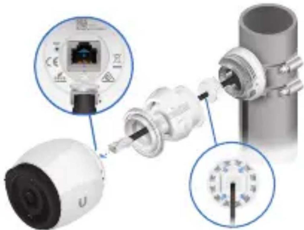 Diagram showing a device connected to a cylindrical pipe, with labeled components and close-up insets highlighting internal wiring.