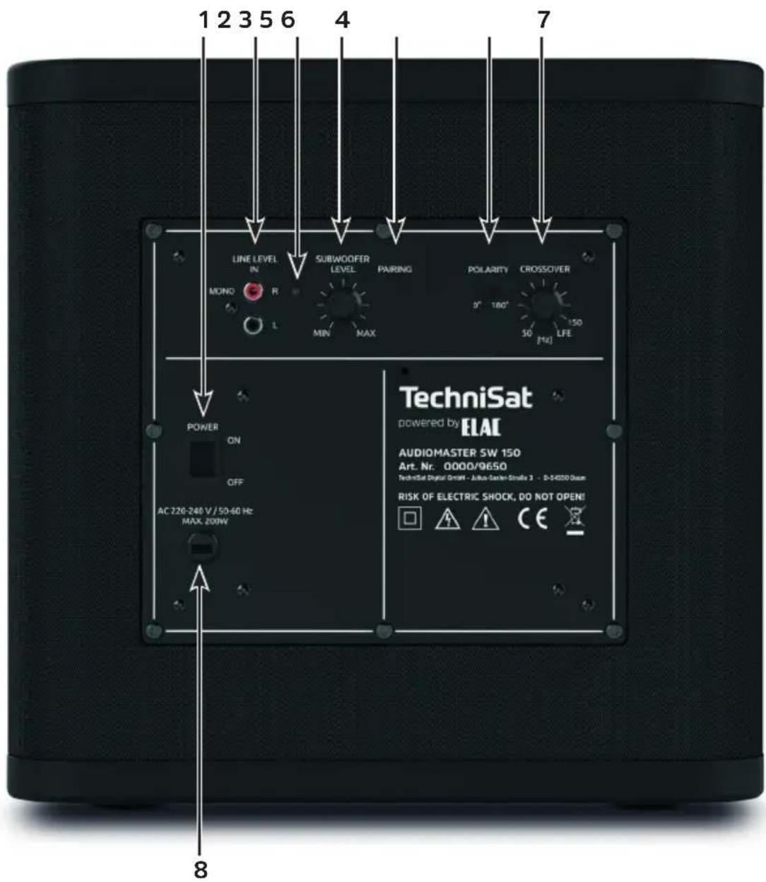 1 2 3 5 6 4 7 LINE LEVEL IN SUBWOOFER LEVEL PAIRING POLARITY CROSSOVER MONO R MIN MAX 0° 180° 50 [Hz] LFE POWER ON OFF AC 220-240 V / 50-60 Hz MAX 200W TechniSat powered by ELAC AUDIOMASTER 5W 150 Art. Nr. 0000/9650 TechniSat Digital GmbH - Julius-Schen-Studie 3 - D-S4250 Doam RISK OF ELECTRIC SHOCK, DO NOT OPEN! ☐ A A I C E X 8