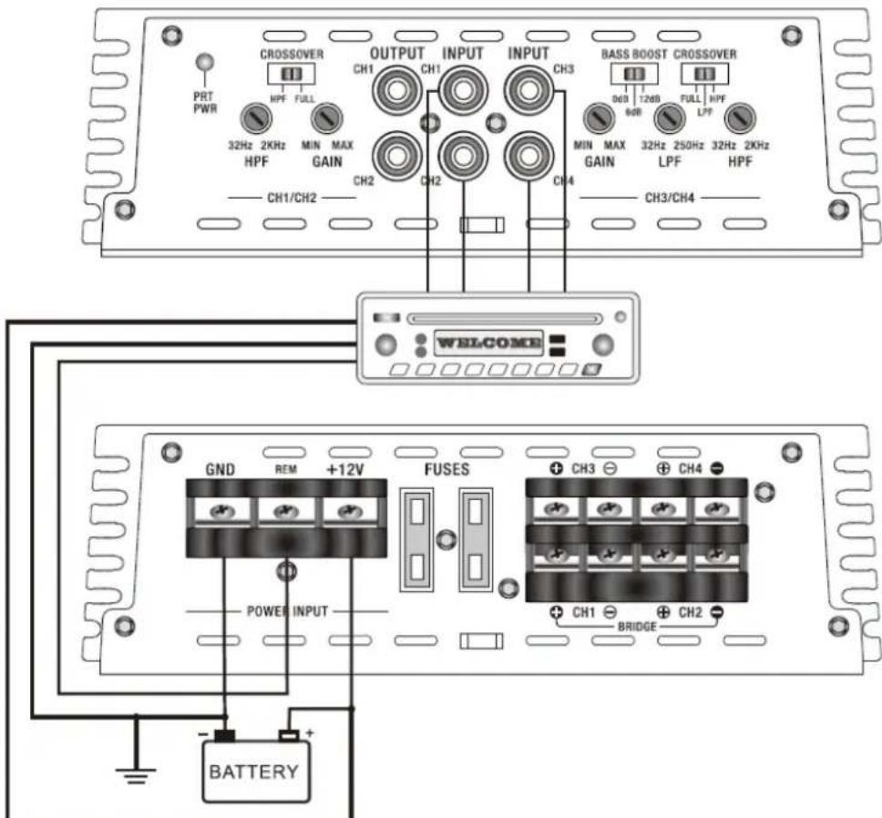 CROSSOVER OUTPUT INPUT BASS BOOST CROSSOVER PRT PWR HPF FULL 32Hz 2KHz HPF MIN MAX GAIN CH1 CH1 CH2 CH2 CH3 0dB 12dB FULL HPF 6dB LPF MIN MAX GAIN 32Hz 250Hz 32Hz 2KHz LPF HPF CH3/CH4 WHLCOME GND REM +12V FUSES CH3 CH4 POWER INPUT CH1 CH2 BRIDGE BATTERY