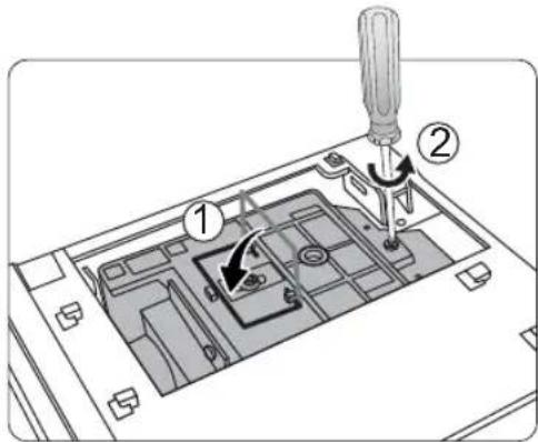 Diagram showing a screwdriver pressing down on a device's internal circuit with labeled parts ① and ②