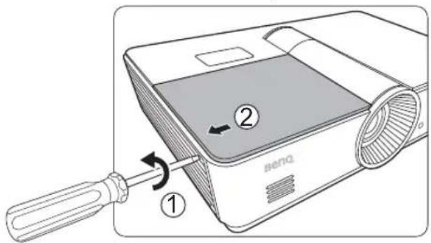 Diagram showing a projector with labeled parts and a screwdriver, illustrating the process of adding a pin to the screen.