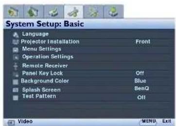 System Setup: Basic Language Projector Installation Front Menu Settings Operation Settings Remote Receiver Panel Key Lock Off Background Color Blue Splash Screen BenQ Test Pattern Off Video MENU Exit