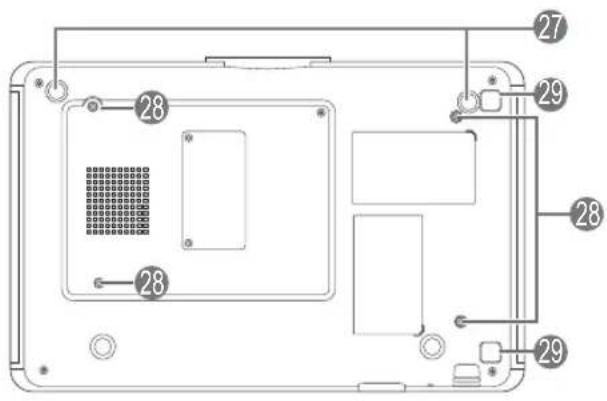 Technical diagram of a device rear panel with numbered components and internal grid layout