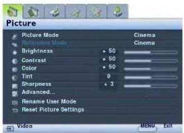 Picture Picture Mode Cinema Reference Mode Cinema Brightness + 50 Contrast + 50 Color + 50 Tint 0 Sharpness + 3 Advanced... Rename User Mode Reset Picture Settings Video Mali Exit