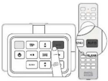 Diagram showing a hand interacting with a remote control panel and a separate remote device labeled 'MENU', 'AUTO', and 'ALANK'.