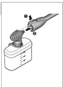 Diagram showing a hand inserting a plug into a device with labeled parts ① and ②