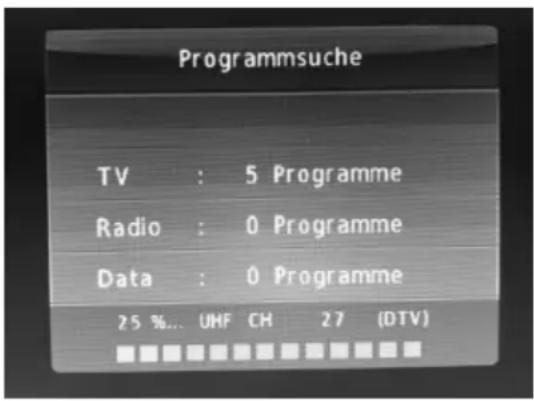 Programmsuche TV : 5 Programme Radio : 0 Programme Data : 0 Programme 25 %... UHF CH 27 (DTV)