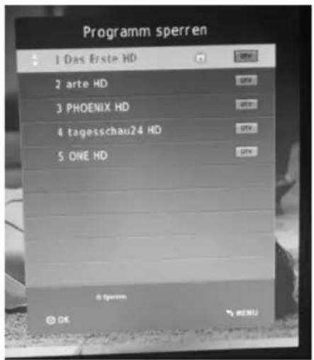 Programm sperren 1 Das Erste HD 2 arte HD 3 PHOENIX HD 4 tagesschau24 HD 5 ONE HD OK MENU