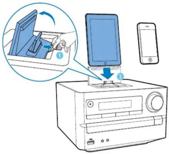 Diagram illustrating a device's operation with labeled steps: opening a desktop computer and inserting a tablet to a mobile phone.