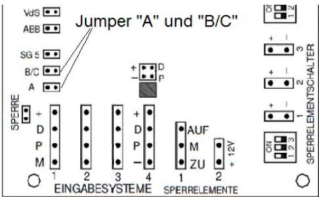 Jumper "A" und "B/C" Vds AEB SG 5 B/C A SPERRE + D P M 1 2 3 4 EINGABESYSTEME + D P - AUF M ZU 12V SPERRELEMENTE + - 2 3 2 1 SPERRELEMENTSCHALTER ON 1 2 3 1 2 3