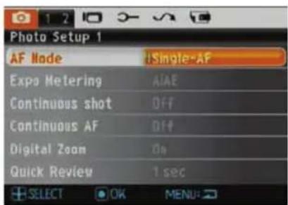 Photo Setup 1 AF Node | Single-AF Expo Metering | AIAE Continuous shot | Off Continuous AF | Off Digital Zoom | On Quick Review | 1 sec SELECT OK MENU