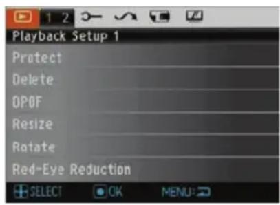 Playback Setup 1 Protect Delete OPOF Resize Rotate Red-Eye Reduction SELECT OK MENU: