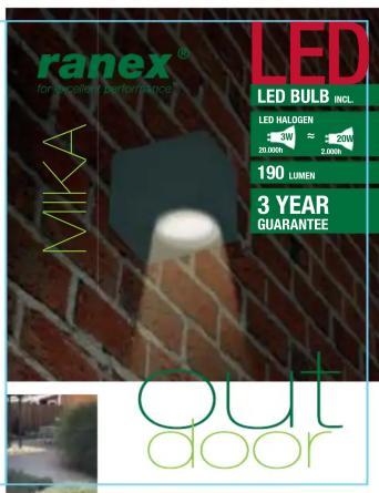 ranex® for low-temperature performance LED LED BULB INCL. LED HALOGEN 3W ≈ 20W 20.000N 2.000N 190 LOMEN 3 YEAR GUARANTEE MIKA OUT door