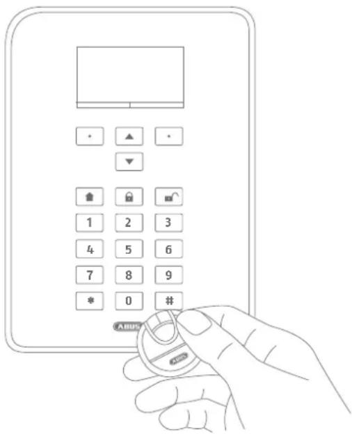 Line drawing of a hand holding a digital payment terminal with labeled buttons and a 'A BUS' button