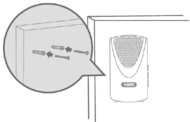 Diagram showing a device labeled 'ABUS' connected to a screen with icons and arrows, alongside an inset image of a device with text labels.