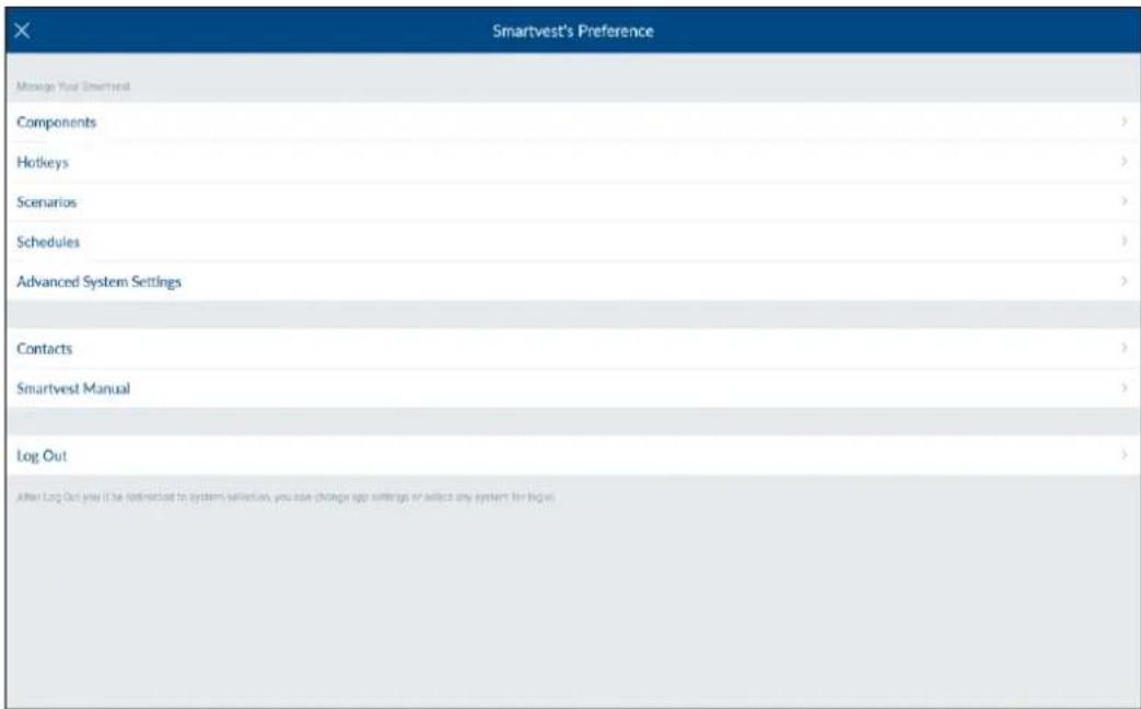 Smartwest's Preference Manage Your Smartwest Components Hotkeys Scenarios Schedules Advanced System Settings Contacts Smartwest Manual Log Out After Log Out you will be randomized to system selection, you also change again settings or select any system for log us
