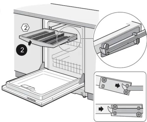 Diagram of a microwave oven with labeled components and exploded view showing internal structure and assembly steps