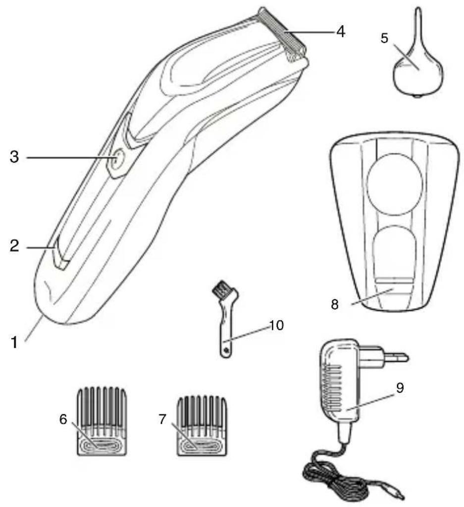 Technical diagram of a hairbrush with labeled parts including a brush, connector, and power adapter.