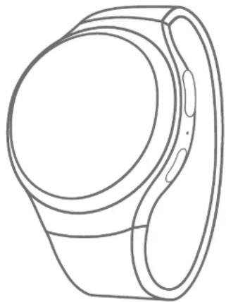 Line drawing of a smartwatch with circular head and side grip (no text or symbols)