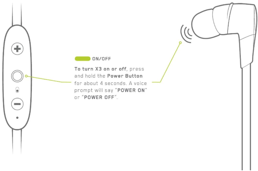 ON/OFF To turn X3 on or off, press and hold the Power Button for about 4 seconds. A voice prompt will say "POWER ON" or "POWER OFF".