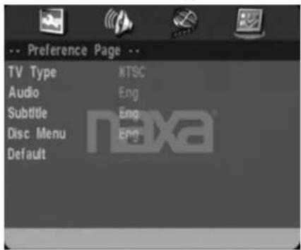 -- Preference Page -- TV Type NTSC Audio Eng Subtitle Eng Disc Menu Eng Default