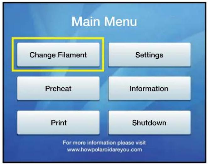 Main Menu Change Filament Settings Preheat Information Print Shutdown For more information please visit www.howpolaroidareyou.com