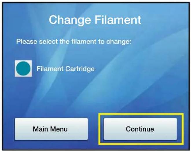 Change Filament Please select the filament to change: Filament Cartridge Main Menu Continue