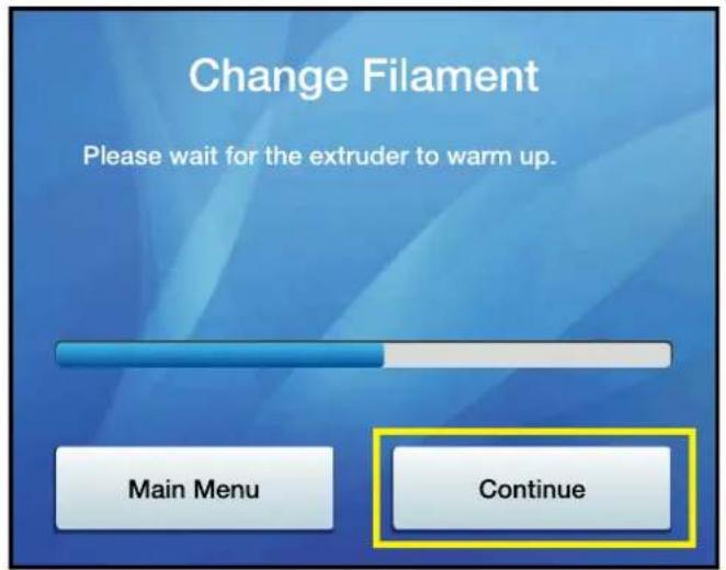 Change Filament Please wait for the extruder to warm up. Main Menu Continue