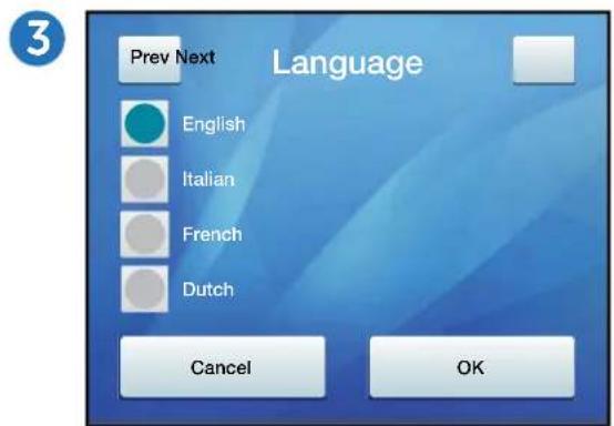 3 Prev Next Language English Italian French Dutch Cancel OK