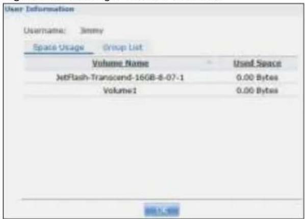 User Information Username: Jimmy Space Usage Group List Volume Name Used Space JetFlash-Transcend-16GB-8-07-1 0.00 Bytes Volume1 0.00 Bytes