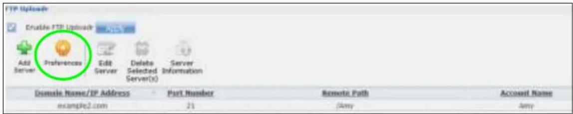 FTP Upload Enable FTP Upload Add Server Preferences Edit Server Delete Selected Server(x) Server Information Domale Name/IF Address Part Number Remote Path Account Name example2.com 21 (Amy Amy)