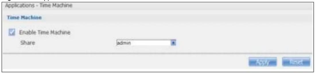 Applications - Time Machine Time Machine Enable Time Machine Share admin Apply Reset