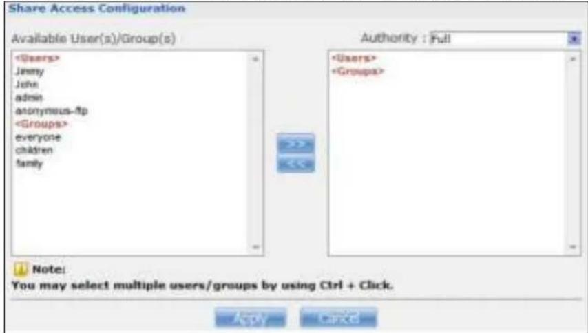 Share Access Configuration Available User(s)/Group(s) Jimmy John admin anonymous-fp everyone children family Authority : Full Note: You may select multiple users/groups by using Ctrl + Click. Apply Cancel